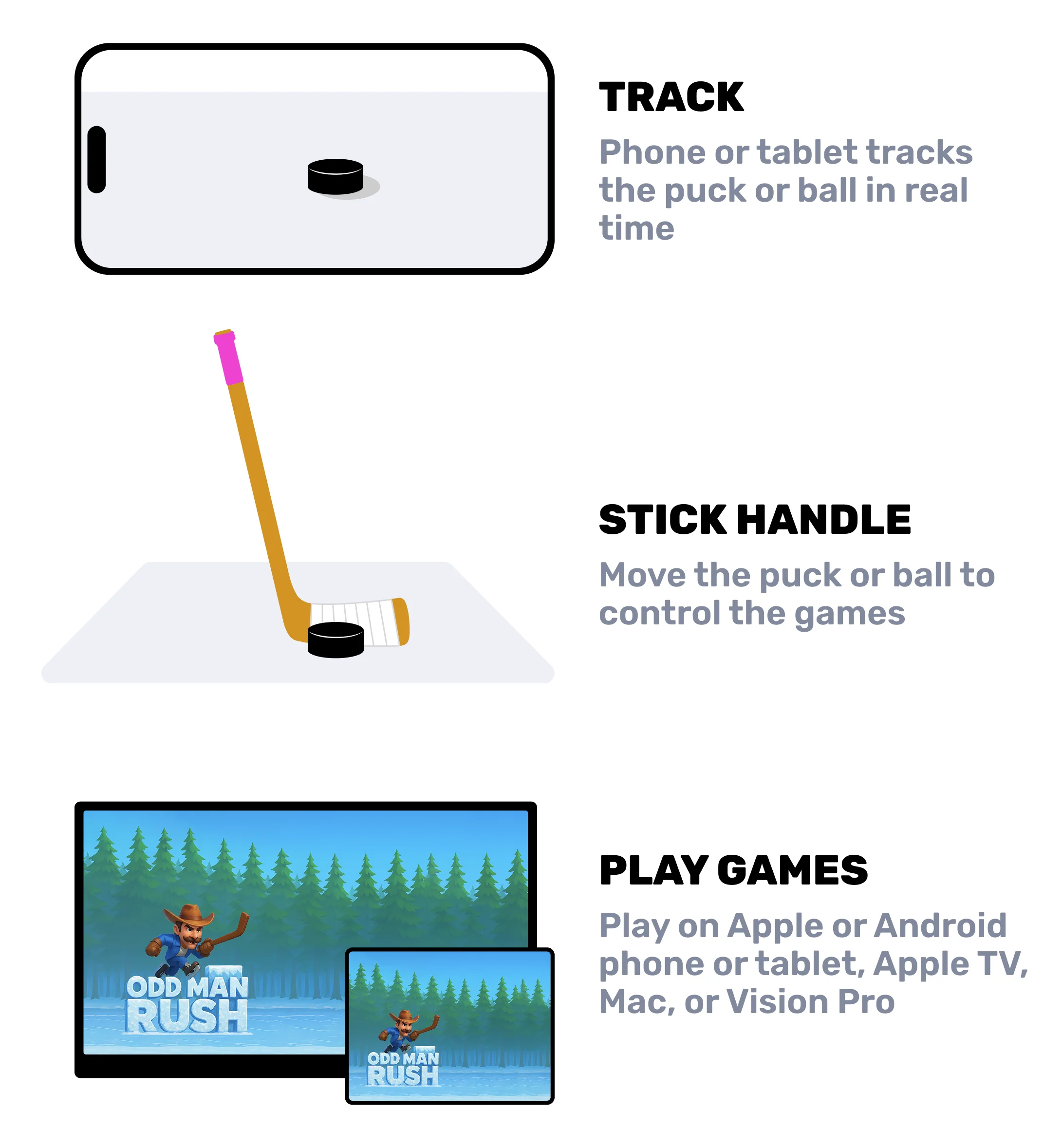 Track the puck, stick handle, and play games